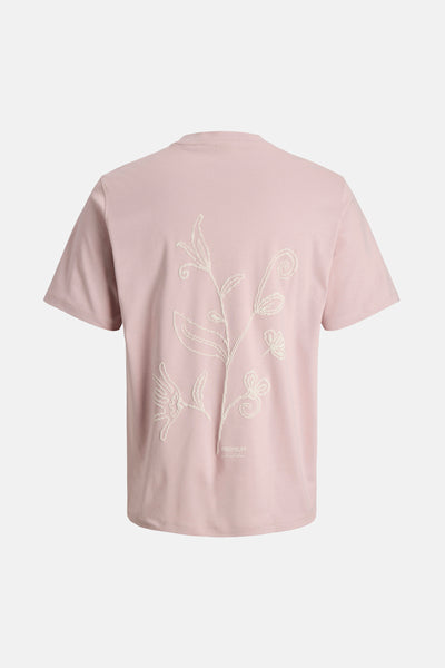 T-shirt à manches courtes rose de JACK & JONES, avec motif floral brodé au dos.