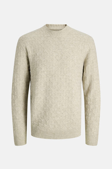 Ronde hals trui in gemêleerd beige van JACK & JONES, met ruitvormig textuurpatroon.