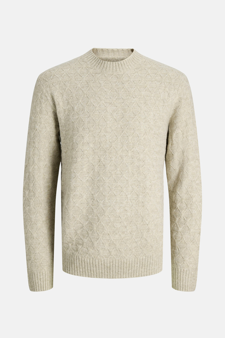 Ronde hals trui in gemêleerd beige van JACK & JONES, met ruitvormig textuurpatroon.