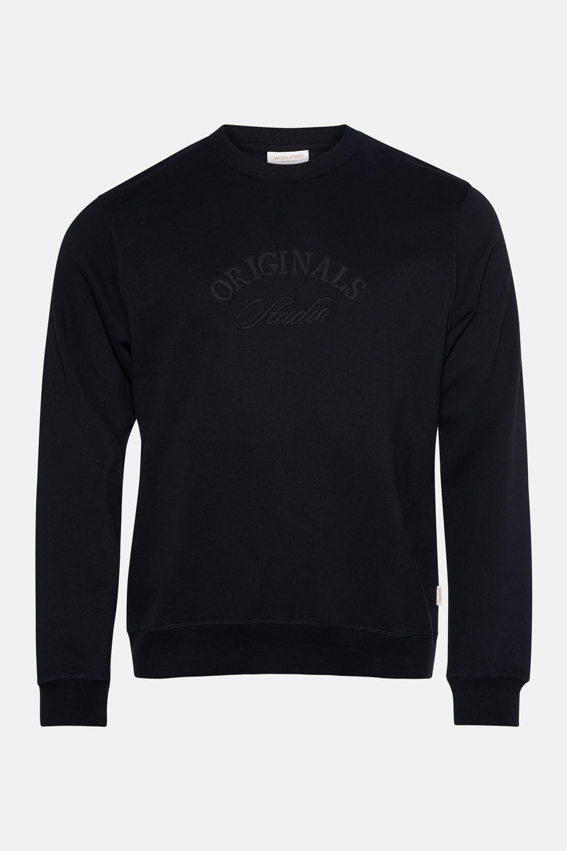 Sweat col rond noir de JACK & JONES avec inscription "Originals Studio" brodée.
