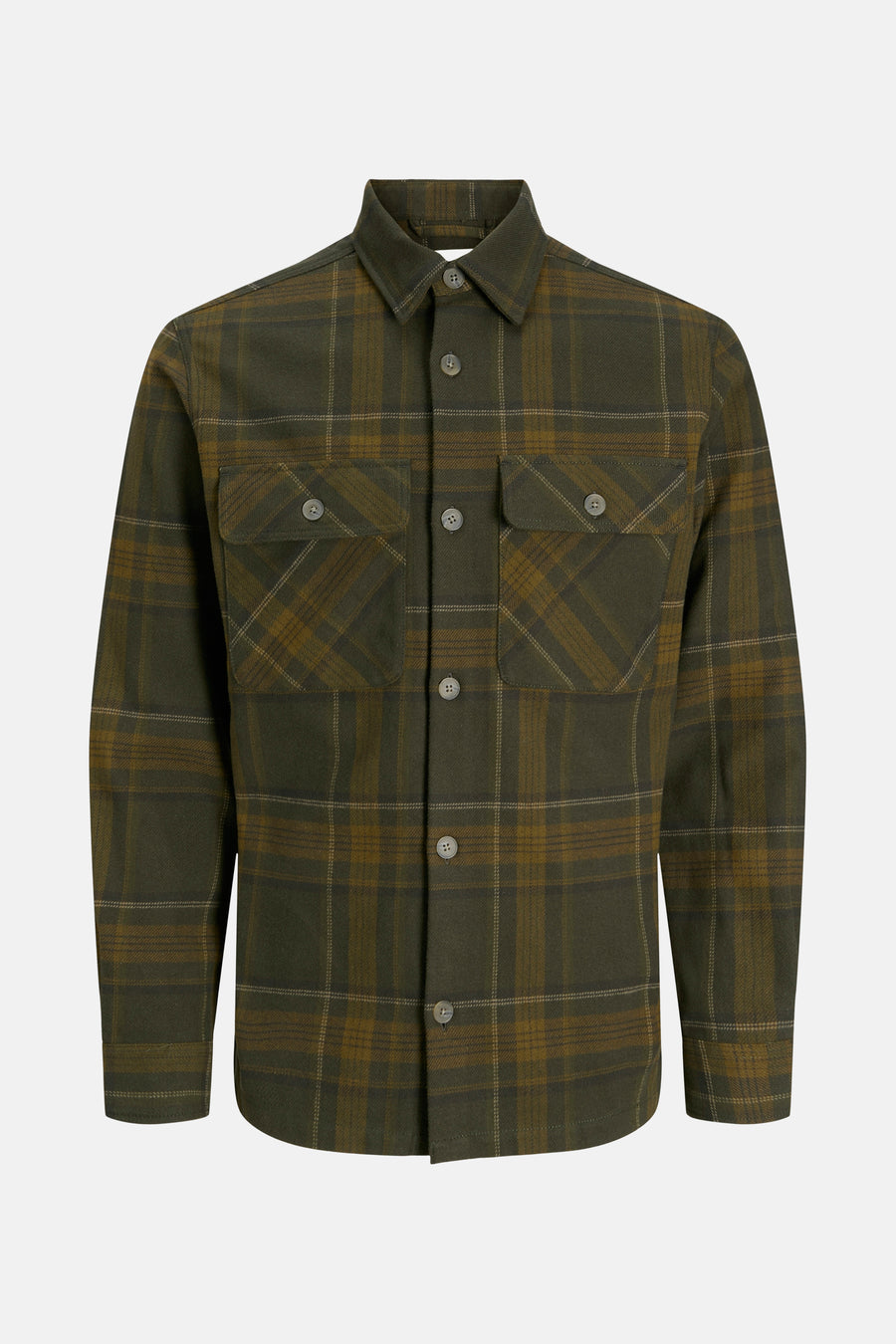 Kaki geruite blouse met lange mouwen van PREMIUM by JACK & JONES, met knoopbare borstzakken.