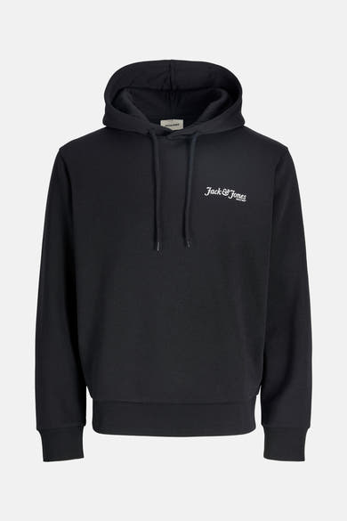 Zwarte hoodie van JACK & JONES, met trekkoord en witte opdruk.