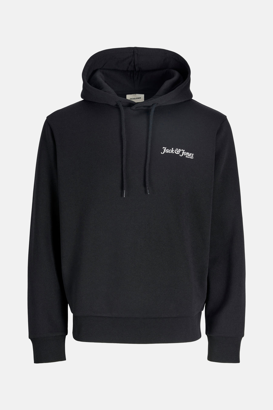 Zwarte hoodie van JACK & JONES, met trekkoord en witte opdruk.