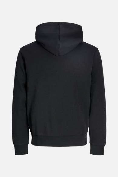 Zwarte hoodie van JACK & JONES, achterkant, met gevoerde capuchon en geribde manchetten.