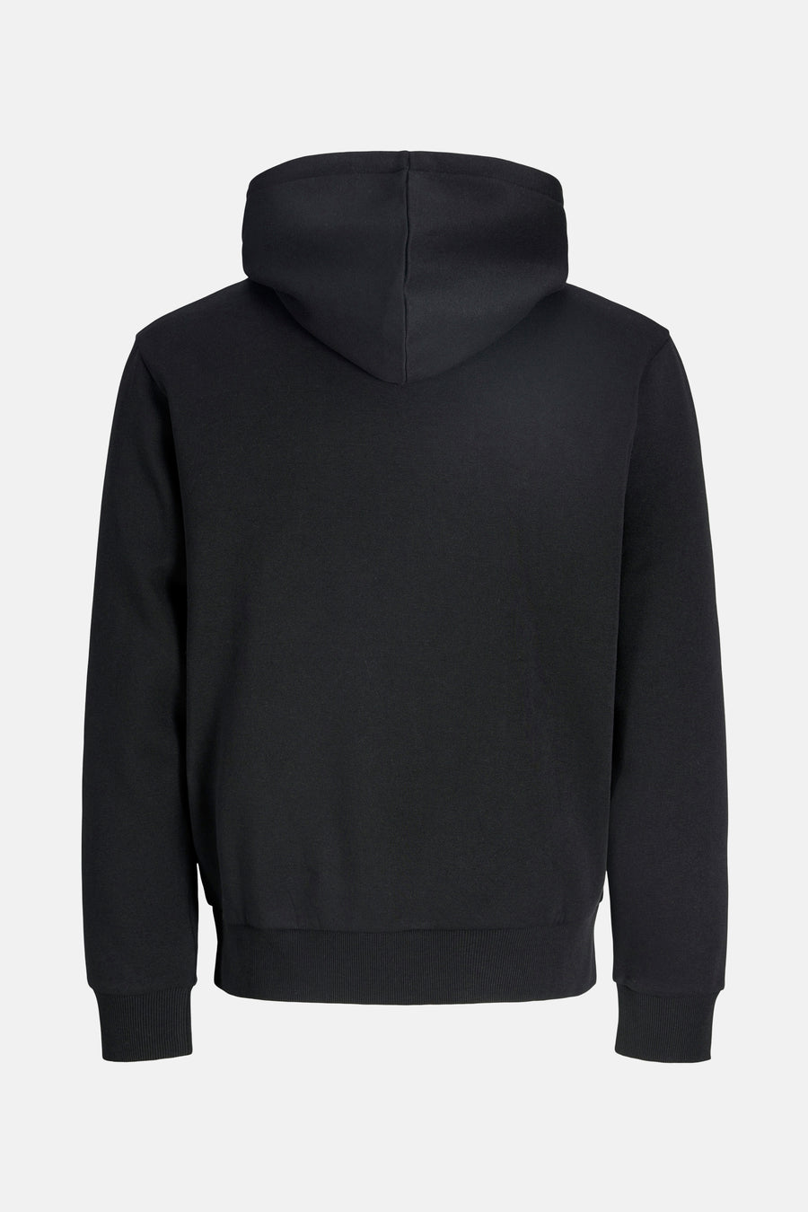 Zwarte hoodie van JACK & JONES, achterkant, met gevoerde capuchon en geribde manchetten.
