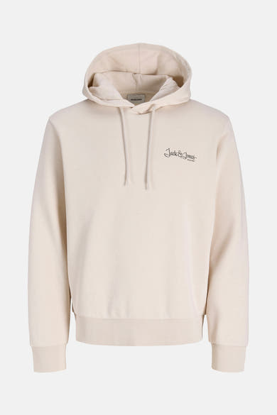 Beige hoodie van JACK & JONES, met trekkoord en discreet geborduurd logo.
