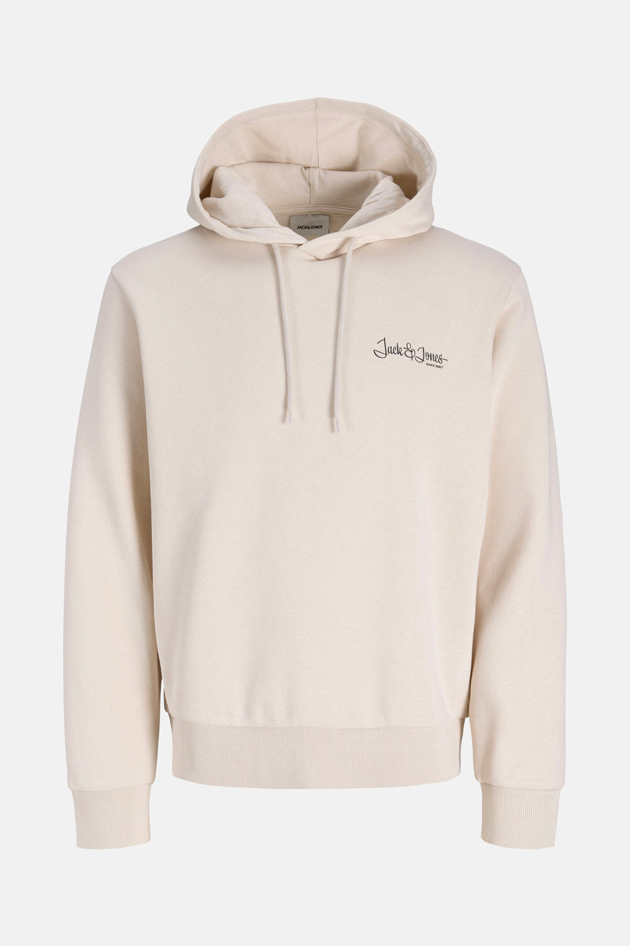 Beige hoodie van JACK & JONES, met trekkoord en discreet geborduurd logo.