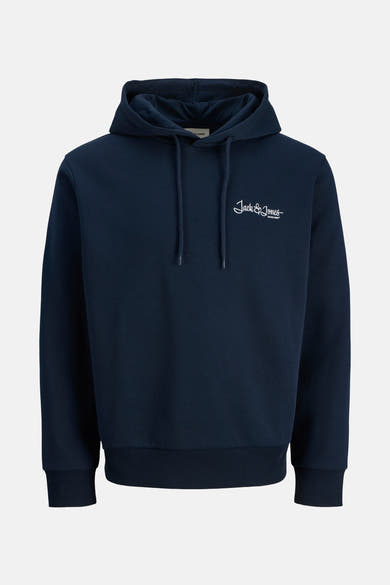 Blauwe hoodie van Jack & Jones met trekkoord en wit logo.