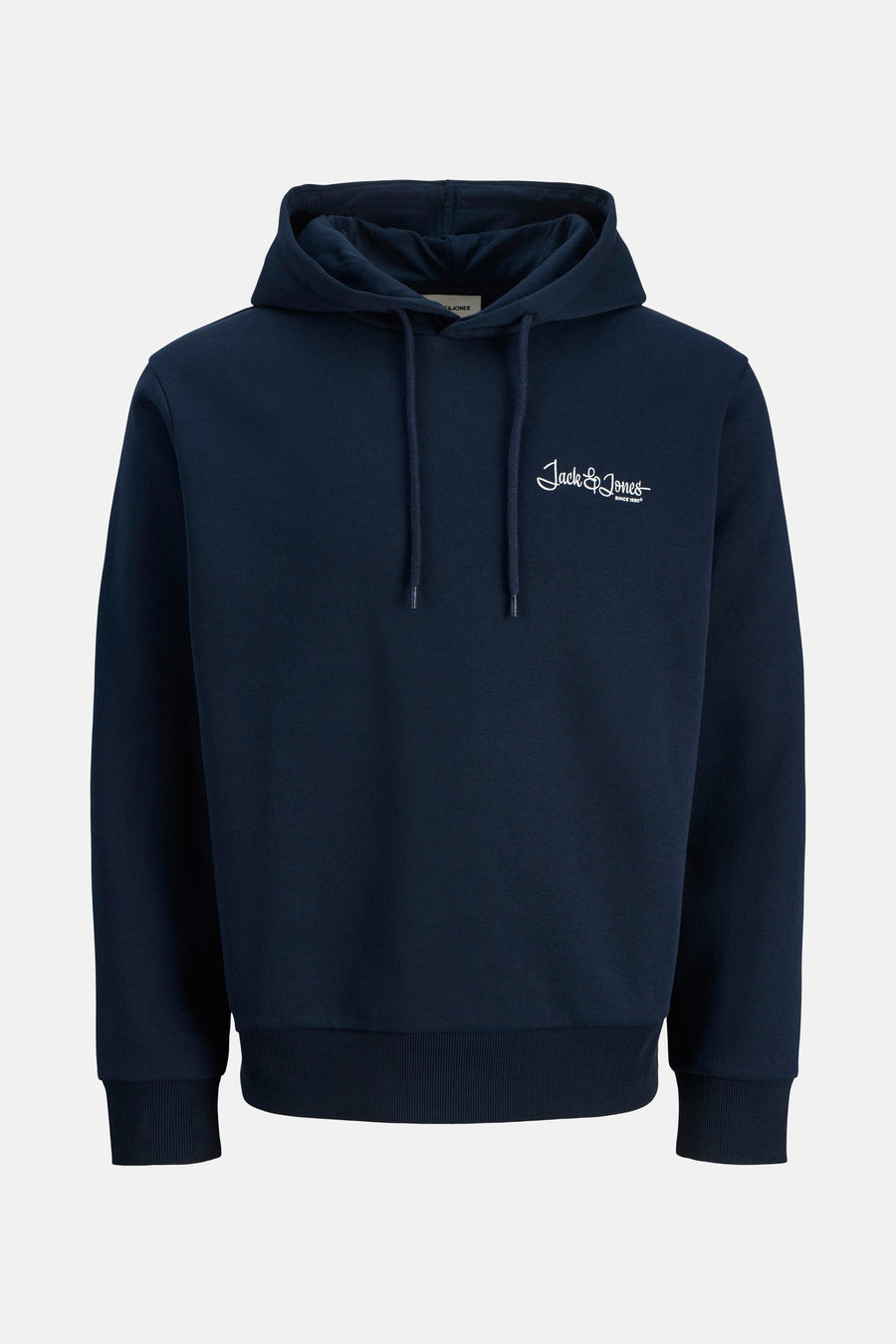 Blauwe hoodie van Jack & Jones met trekkoord en wit logo.