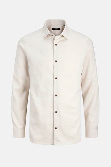 Chemise à manches longues beige de PREMIUM by JACK & JONES, avec boutons marron et texture subtile.
