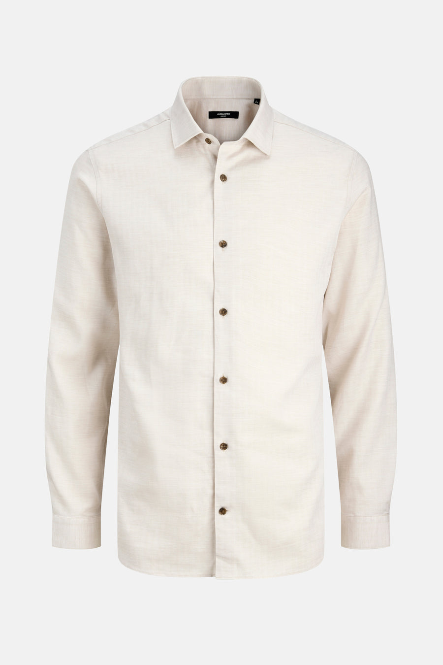 Chemise à manches longues beige de PREMIUM by JACK & JONES, avec boutons marron et texture subtile.
