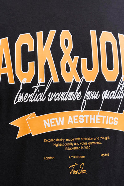 Zwart T-shirt met korte mouwen van ORIGINALS BY JACK & JONES, met grote gele letters en decoratieve tekst.