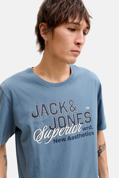 Blauw T-shirt met korte mouwen van ORIGINALS BY JACK & JONES, met opdruk op de voorkant en korte mouwen.