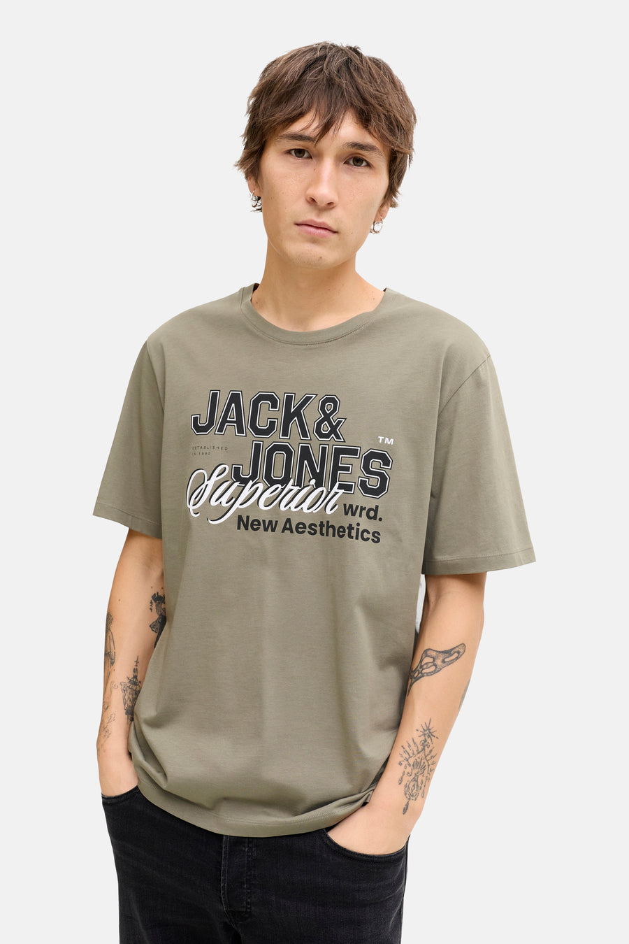 Kaki T-shirt met korte mouwen van ORIGINALS BY JACK & JONES, met opdruk op de voorkant.