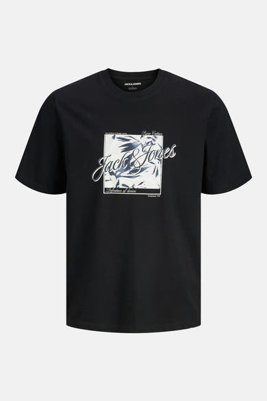 Zwart T-shirt met korte mouwen van JACK & JONES met een ingelijste botanische grafische print.