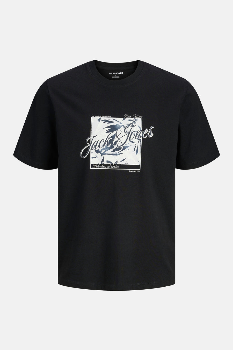 Zwart T-shirt met korte mouwen van JACK & JONES met een ingelijste botanische grafische print.