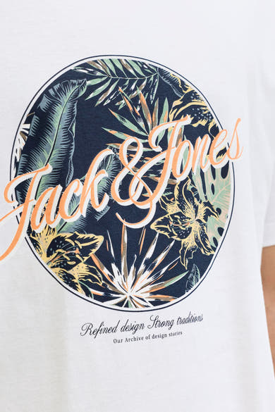 Wit T-shirt met korte mouwen van JACK & JONES met ronde tropische bloemenprint.