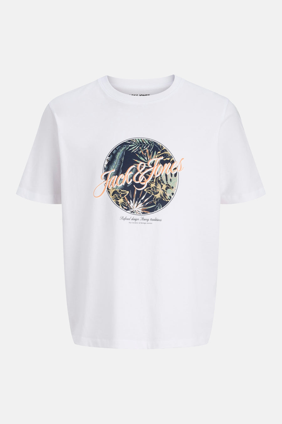 Wit T-shirt met korte mouwen van JACK & JONES, met een grafische bloemenprint in een gecentreerde cirkel.