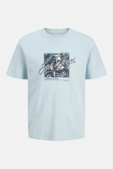 Blauw T-shirt met korte mouwen, van JACK & JONES, met grafische print middenvoor.