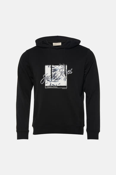 Zwarte hoodie van JACK & JONES, achterzijde, met capuchon en lange mouwen.