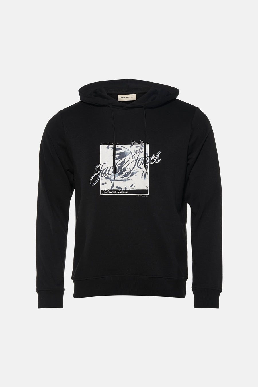 Zwarte hoodie van JACK & JONES, achterzijde, met capuchon en lange mouwen.