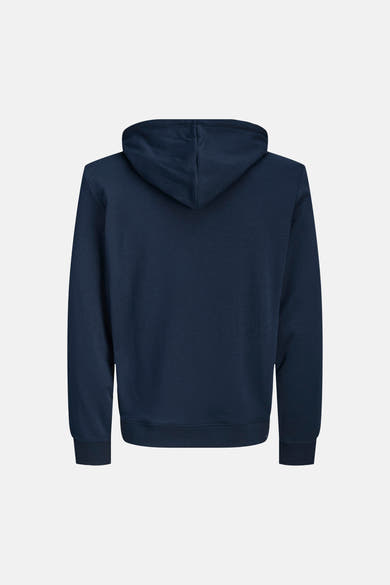 Blauwe hoodie van JACK & JONES, achterkant met klassieke capuchon en geribbelde details.