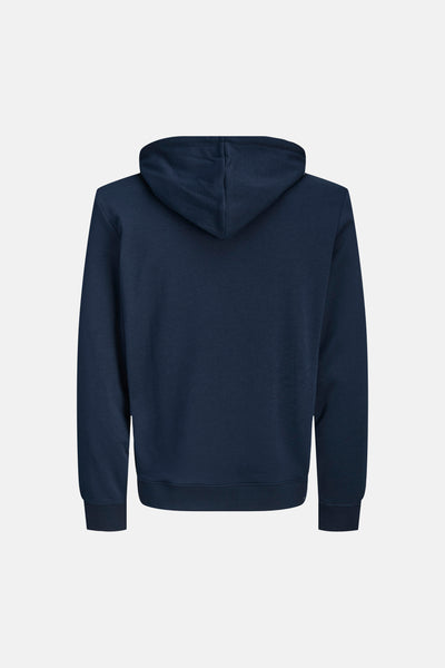 Sweat à capuche bleu par JACK & JONES, vue arrière avec capuche classique et détails côtelés.