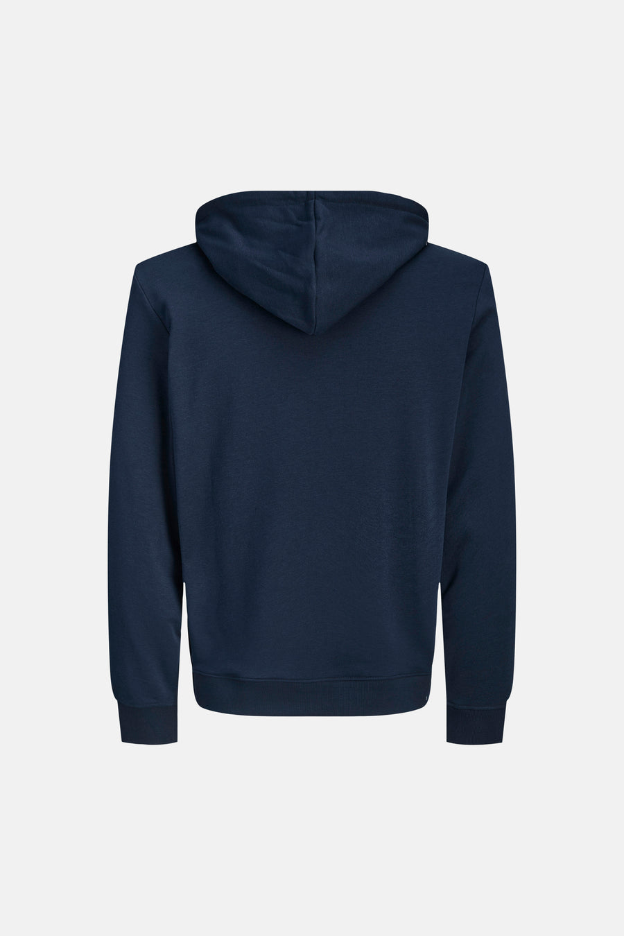 Blauwe hoodie van JACK & JONES, achterkant met klassieke capuchon en geribbelde details.