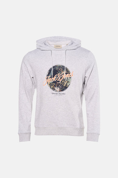 Sweat à capuche gris chiné de JACK & JONES avec motif imprimé floral et logo sur le devant.