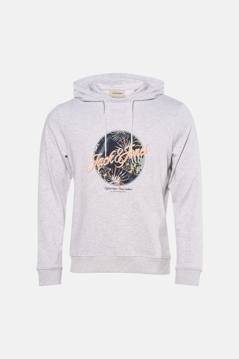Sweat à capuche gris chiné de JACK & JONES avec motif imprimé floral et logo sur le devant.