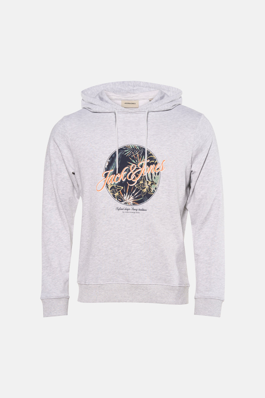 Gemêleerd grijze hoodie van JACK & JONES met opdruk op de voorkant, gedragen met een zwarte jeans en witte sneakers.