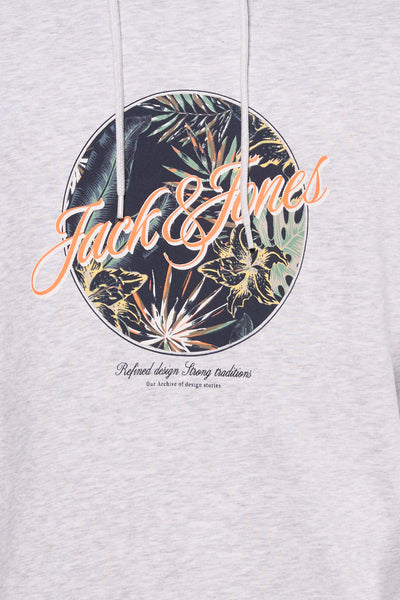 Grijs gemêleerde hoodie van JACK & JONES, met een tropische print in een cirkel en trekkoord.