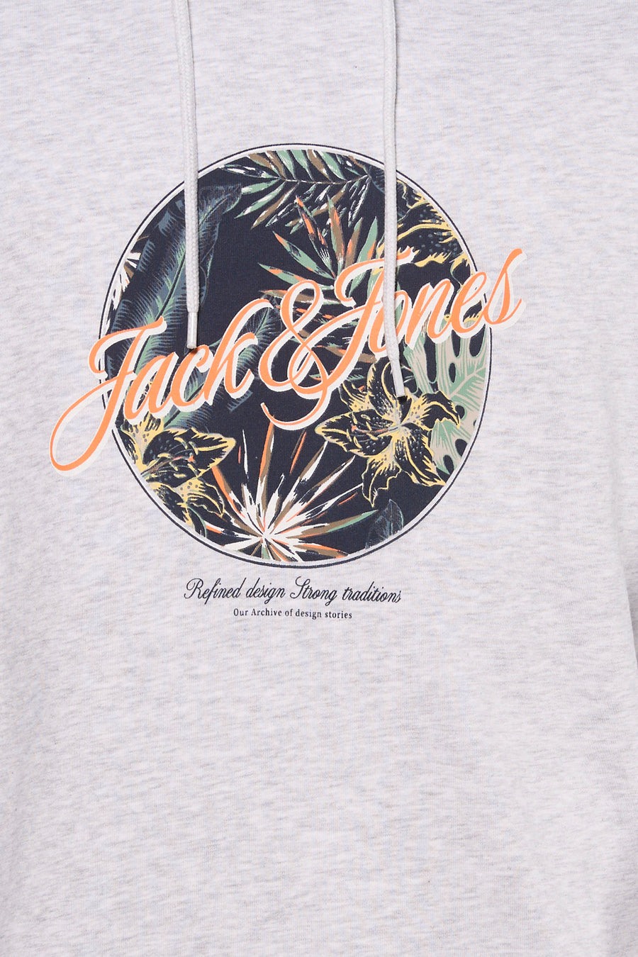 Grijs gemêleerde hoodie van JACK & JONES, met een tropische print in een cirkel en trekkoord.