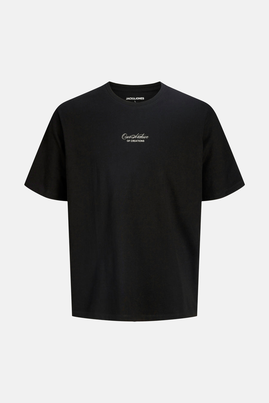 T-shirt noir de ORIGINALS BY JACK & JONES avec imprimé graphique blanc "Our Archive OF CREATIONS" sur la poitrine.