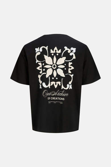 T-shirt noir d'ORIGINALS BY JACK & JONES avec un grand motif floral blanc et le texte "Our Archive OF CREATIONS" au dos.