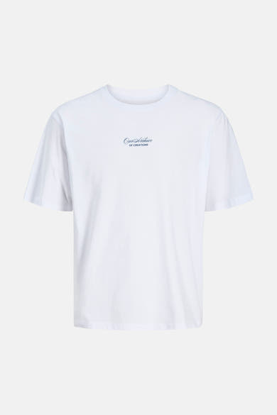T-shirt blanc de ORIGINALS BY JACK & JONES avec un imprimé "Our Archive OF CREATIONS" bleu foncé sur la poitrine.