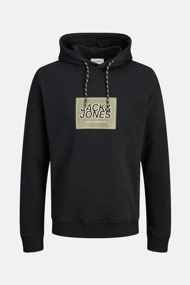 Zwarte hoodie van Jack & Jones met trekkoord met patroon en vierkant logo op de voorkant.
