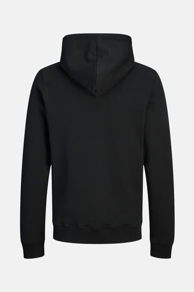 Zwarte hoodie van JACK & JONES, achterzijde, met gevoerde capuchon en geribde zoom.
