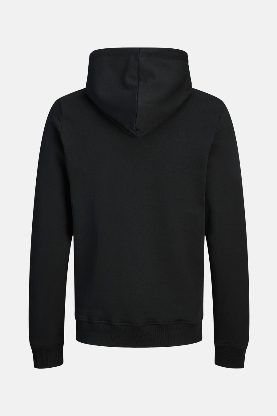 Zwarte hoodie van JACK & JONES, achterzijde, met gevoerde capuchon en geribde zoom.