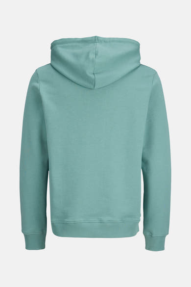 Groene hoodie van JACK & JONES, achterkant met capuchon en geribbelde boorden.