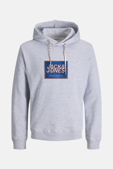 Sweat à capuche blanc chiné de Jack & Jones, avec cordon de serrage et logo imprimé sur le devant.
