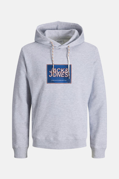 Sweat à capuche blanc chiné de Jack & Jones, avec cordon de serrage et logo imprimé sur le devant.
