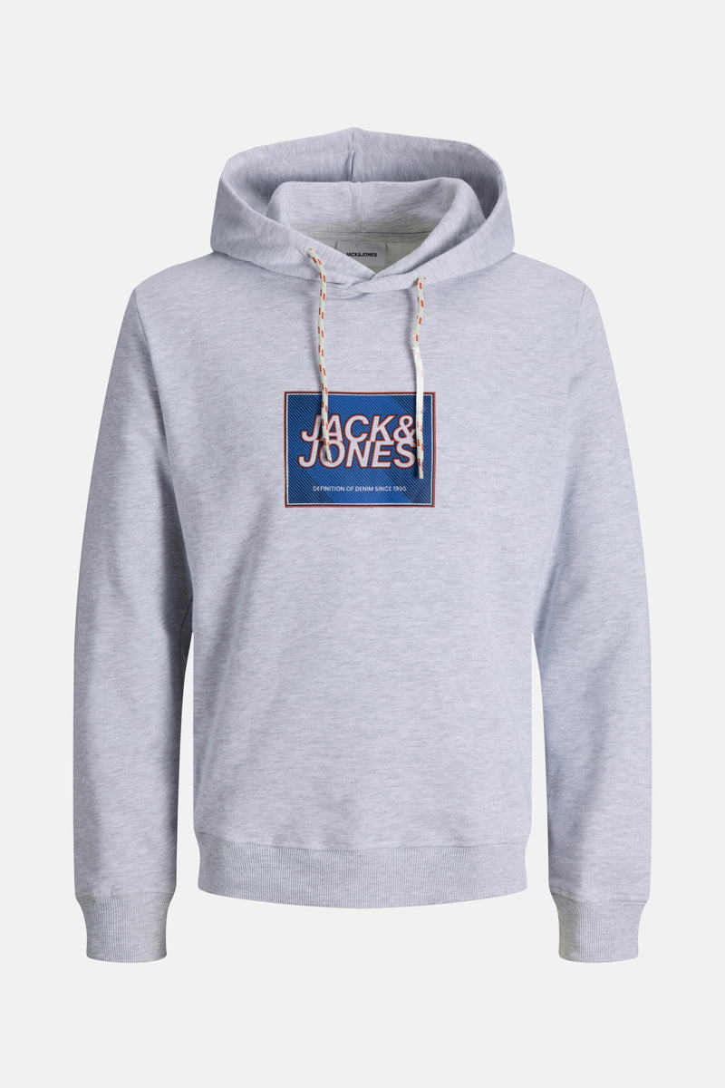 Sweat à capuche blanc chiné de Jack & Jones, avec cordon de serrage et logo imprimé sur le devant.
