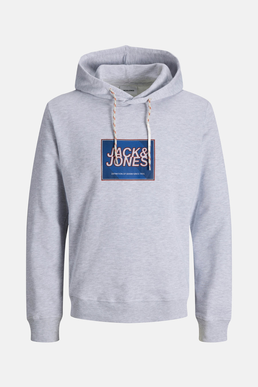 Sweat à capuche blanc chiné de Jack & Jones, avec cordon de serrage et logo imprimé sur le devant.
