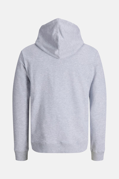 Sweat à capuche gris chiné de JACK & JONES, vue arrière, avec capuche doublée et poignets côtelés.