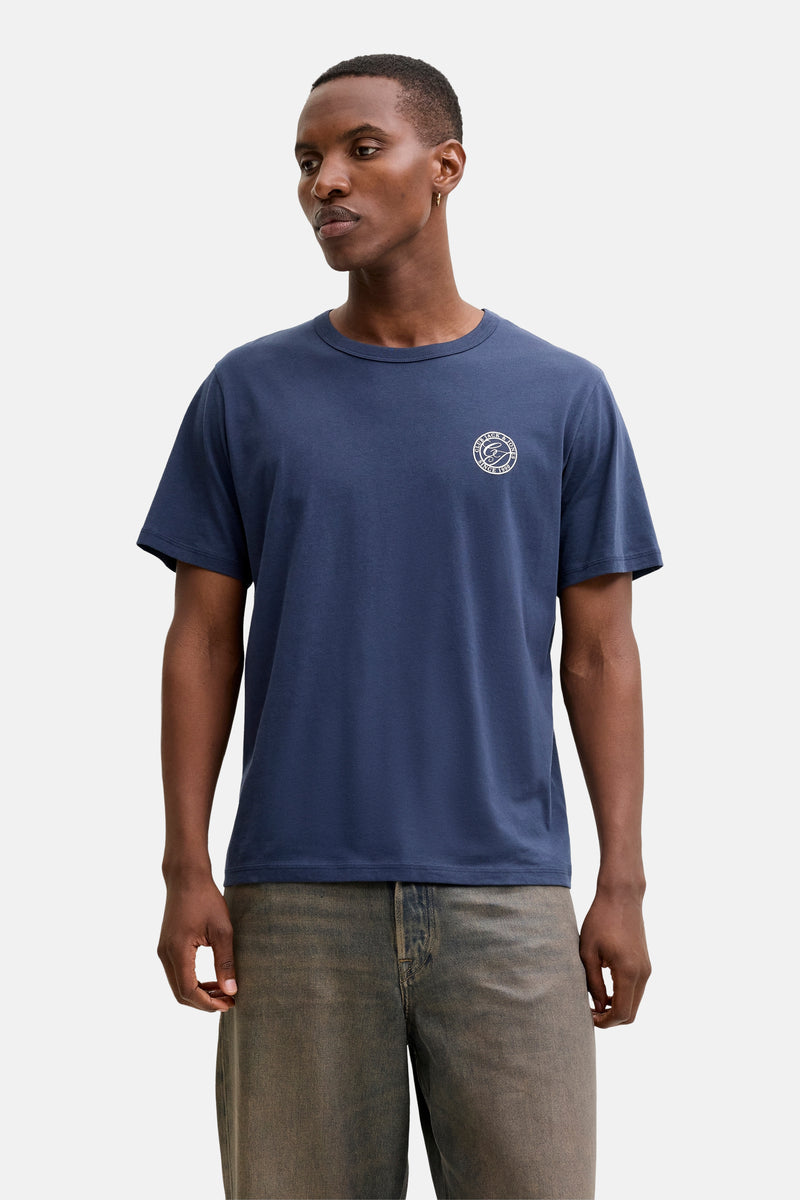 Blauwe T-shirt met korte mouwen van ORIGINALS BY JACK & JONES met een opdruk op de borst.