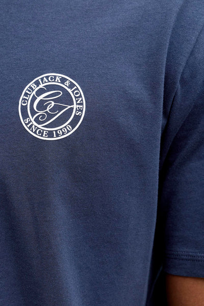 Blauw T-shirt met korte mouwen van ORIGINALS BY JACK & JONES met een wit cirkelvormig logo op de borst.