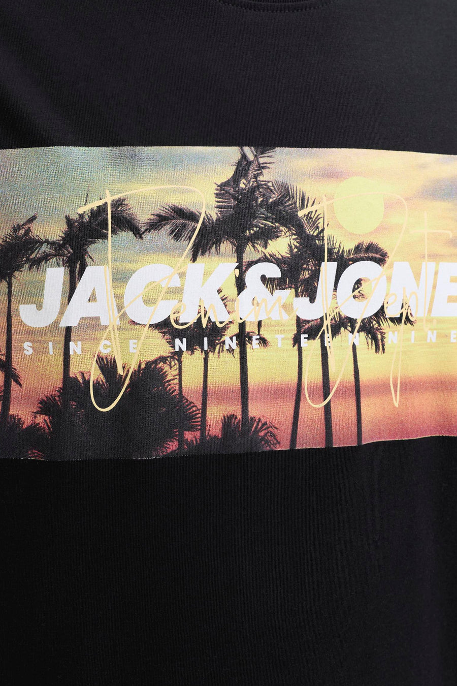 T-shirt noir de JACK & JONES avec un imprimé graphique de coucher de soleil et de palmiers, superposé du texte blanc 'JACK & JONES SINCE NINETEEN NINETY NINE'.