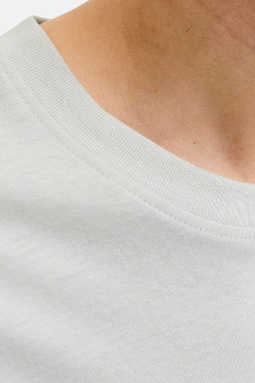 T-shirt blanc de JACK & JONES, plan rapproché sur l'encolure ras-du-cou côtelée et les piqûres apparentes sur la peau.