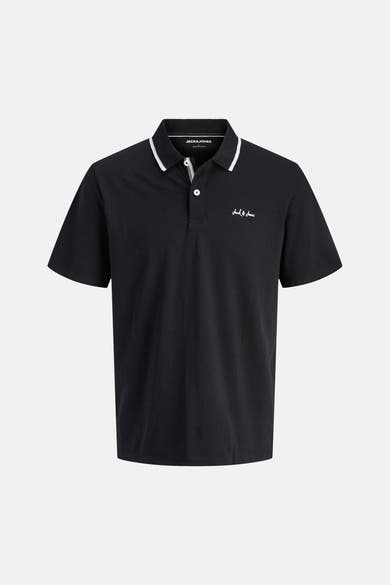 Polo noir de JACK & JONES avec col à rayures blanches, patte à deux boutons et logo brodé blanc.